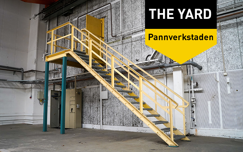 Interiörbild i varvsfastighet samt grafik med texten "THE YARD Pannverkstaden"